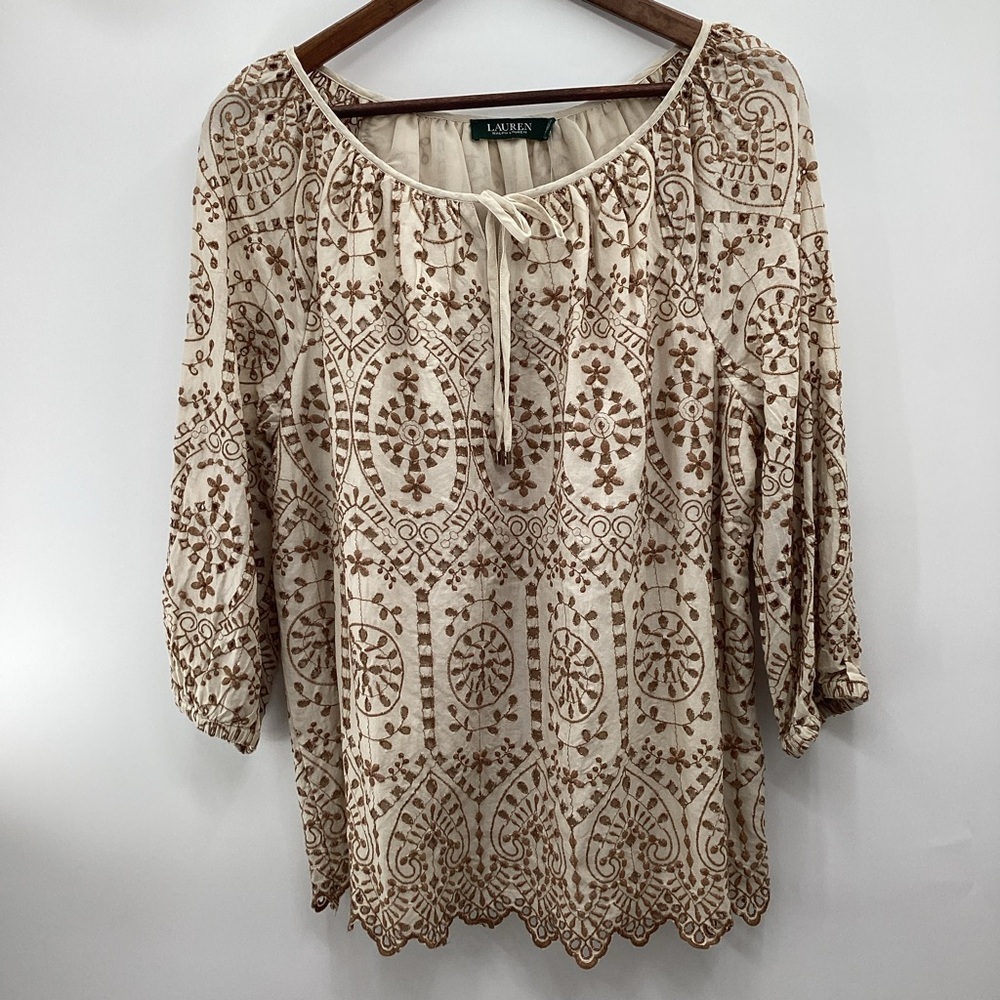 Ralph Lauren Women's Eyelet Cream and Brown Embroidered Blouse - Picture 2 of 16